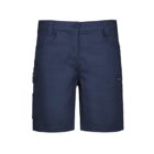 Navy blue cargo shorts with front button and side pockets, shown on a white background.