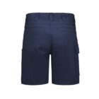 Navy blue cargo shorts viewed from the back with belt loops and multiple pockets.