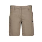 Tan cargo shorts with side pockets and belt loops, displayed on a white background.