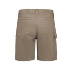 Back view of tan cargo shorts with multiple pockets and belt loops.