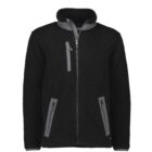 Black fleece jacket with gray zippers and trim, displayed on a plain white background.