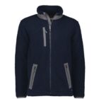 Navy blue fleece jacket with gray zippers and collar, front view.