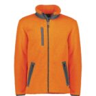 Bright orange sherpa fleece jacket with gray zippered pockets and collar detailing.