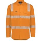 Bright orange long-sleeve safety shirt with reflective silver stripes and button-up front.