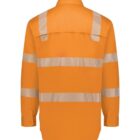 Bright orange long-sleeve safety shirt with reflective silver stripes, viewed from the back.