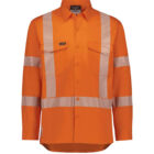 Bright orange long-sleeve shirt with silver reflective safety stripes on chest and arms.