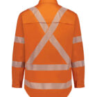 Bright orange long-sleeve safety shirt with reflective X and horizontal stripes on the back.