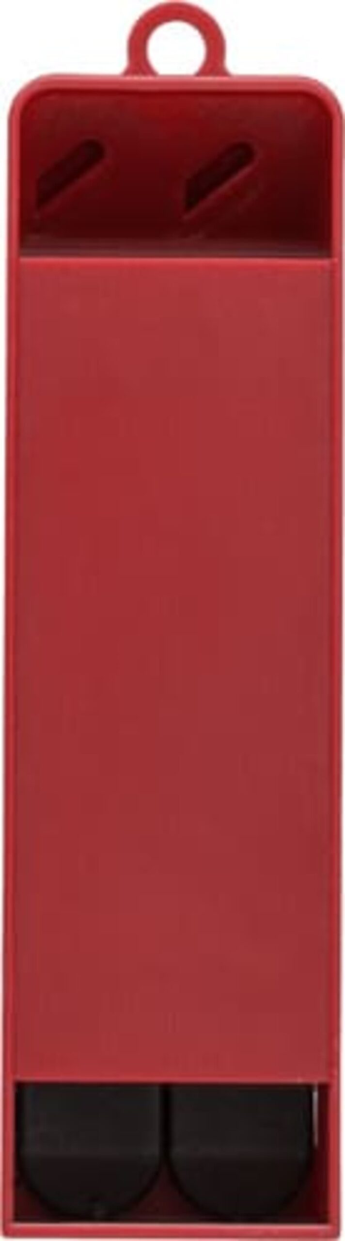 Red handheld knife sharpener with two sharpening slots.