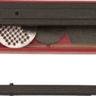 Red bicycle tire repair kit with patches and tools.