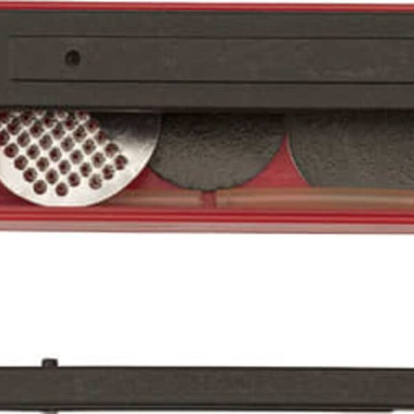 Red bike repair kit with patches, tool, and sandpaper.