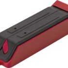 Red and black bike brake pad holder isolated on a white background.
