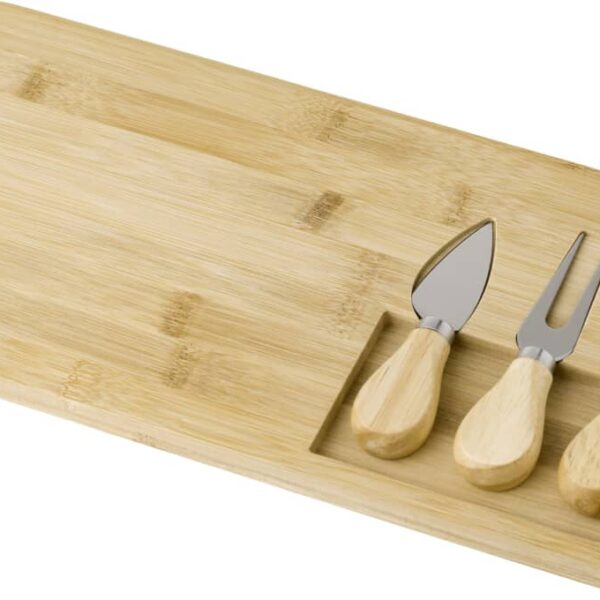 Bamboo cheese board with three cheese tools in a built-in compartment.