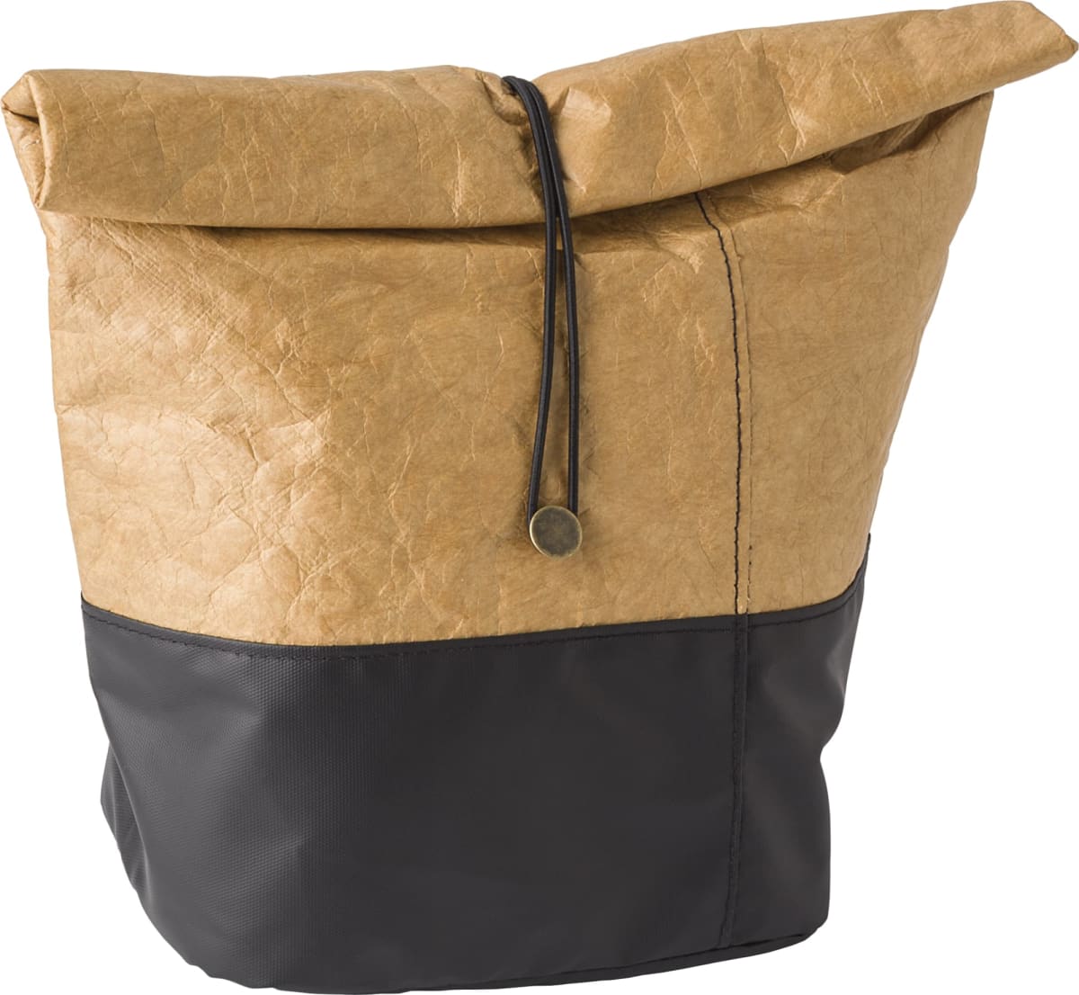 A two-toned backpack with a brown paper-like top and black bottom, featuring a drawstring.