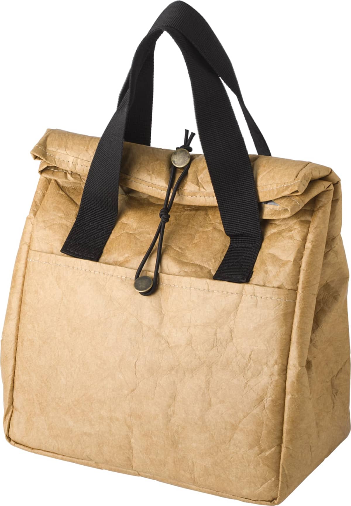 Brown paper lunch bag with black handles and a button closure.