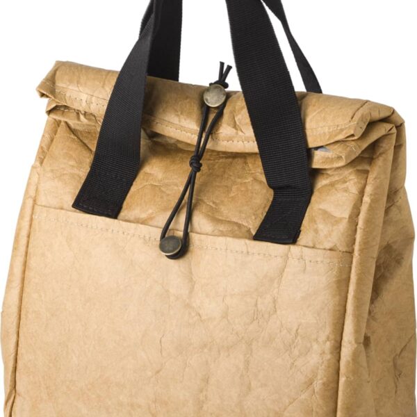 Brown paper lunch bag with black handles and a loop closure.
