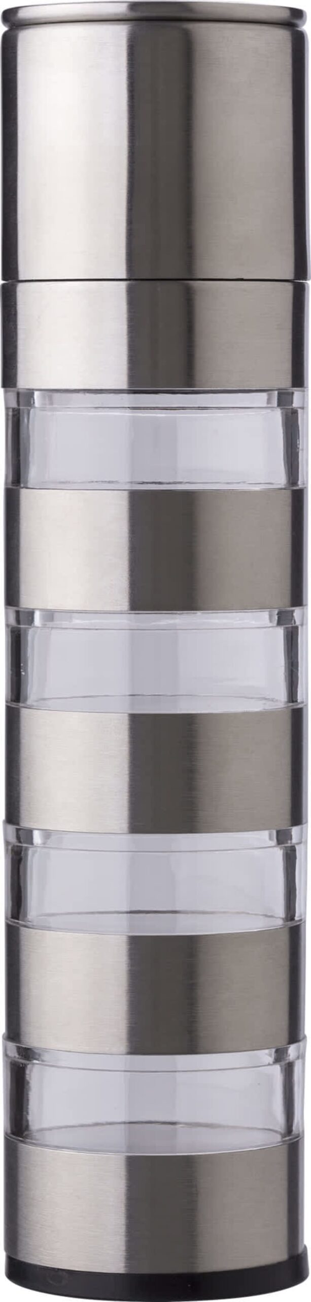 Stacked stainless steel and clear glass spice jars.