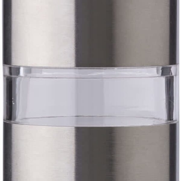 Stainless steel and glass spice shaker with a modern design.