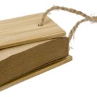 Wooden book gift tag with twine attached.