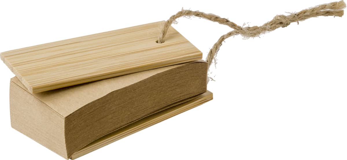 Wooden book gift tag with twine attached.