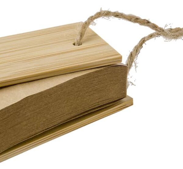 Wooden paper twine tag with a string attached.