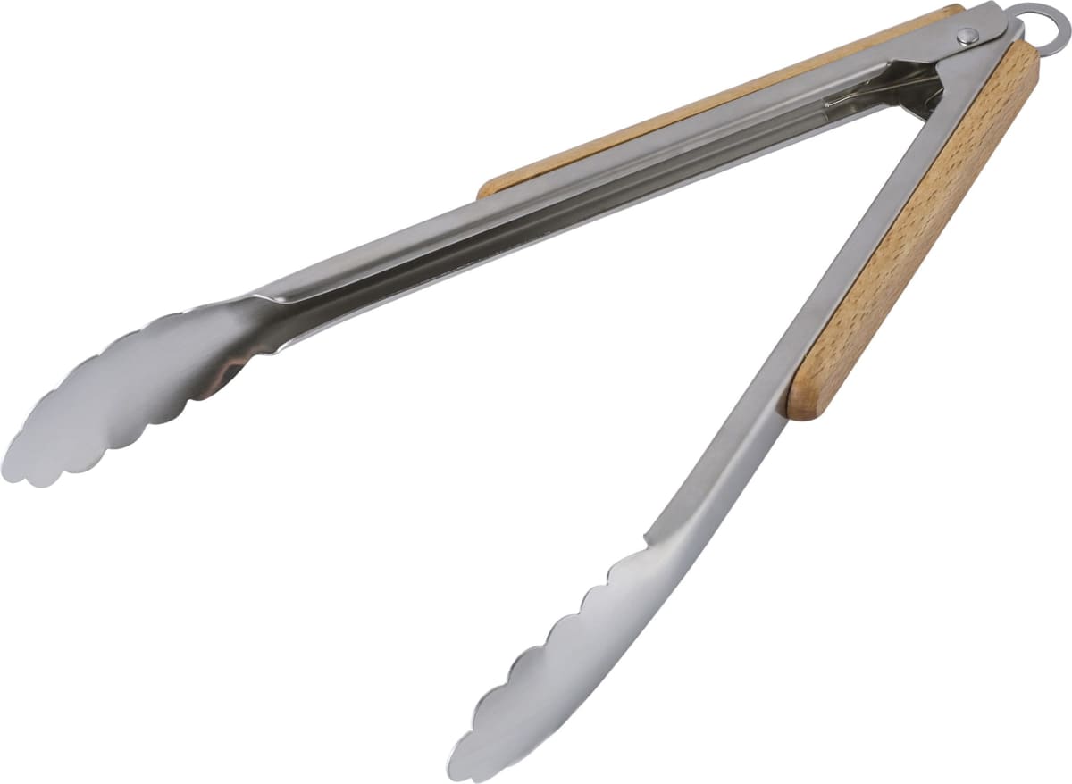 Metal and wood kitchen tongs with scalloped edges, shown on a white background.