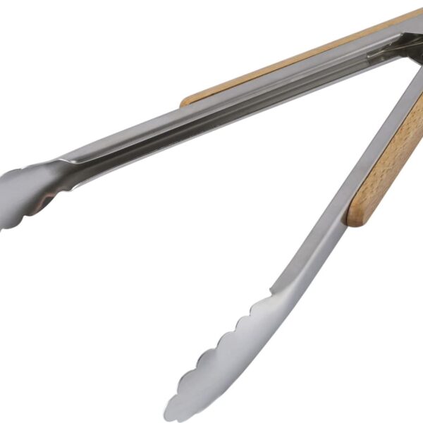 Metal and wood kitchen tongs with scalloped edges on a white background.