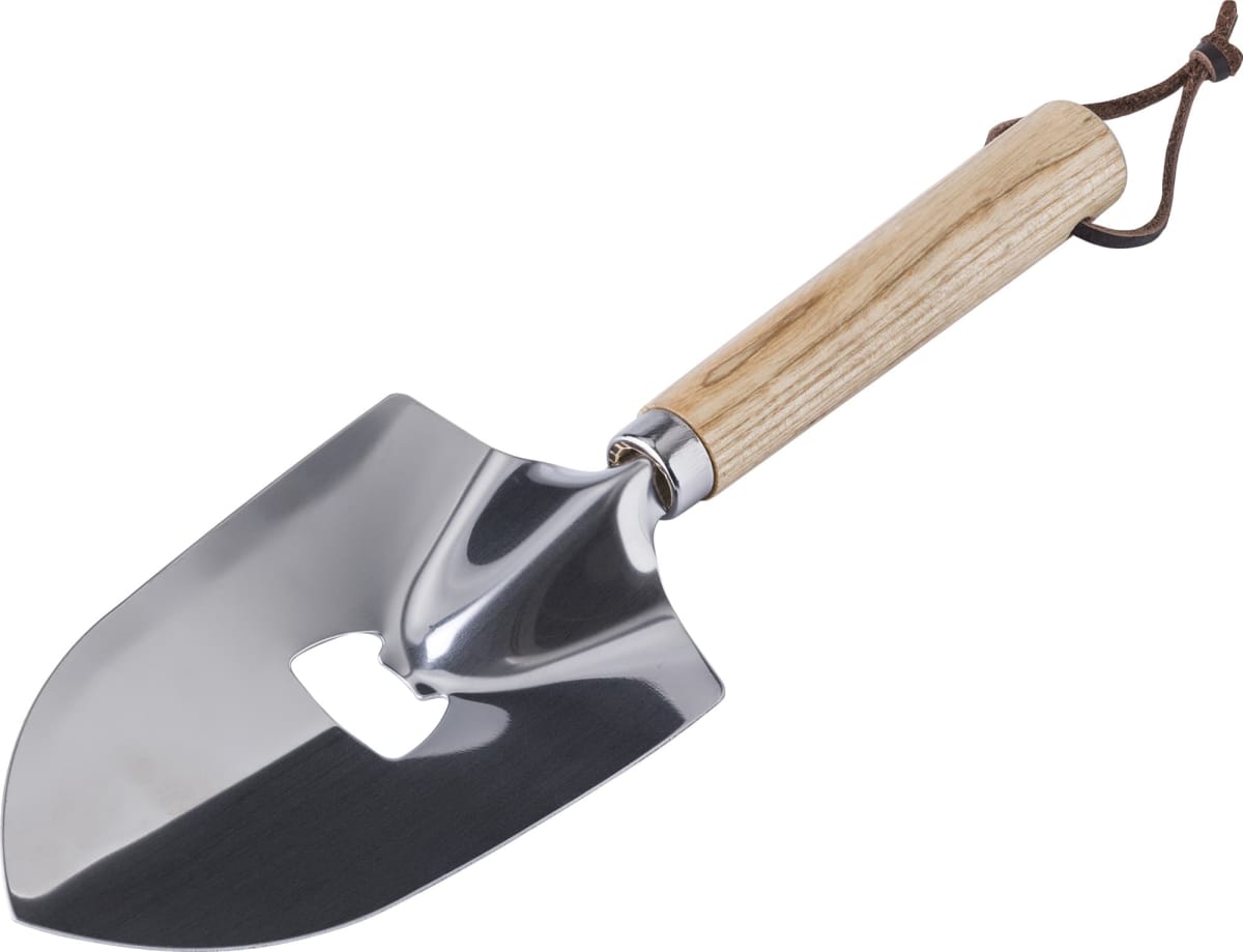 A shiny metal trowel with a wooden handle and a leather loop.