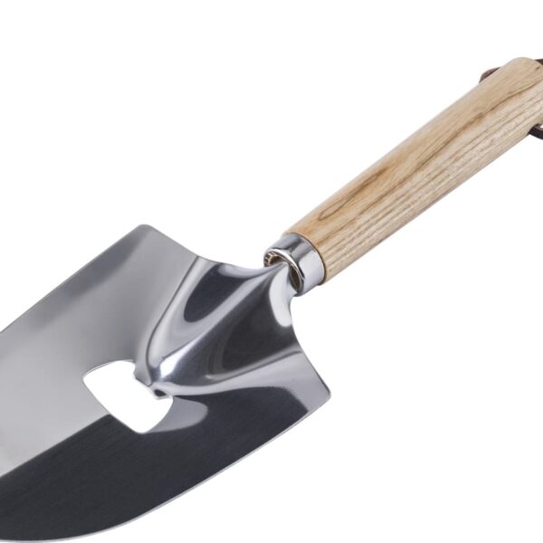Small garden trowel with a wooden handle and metal blade, featuring a hanging loop.