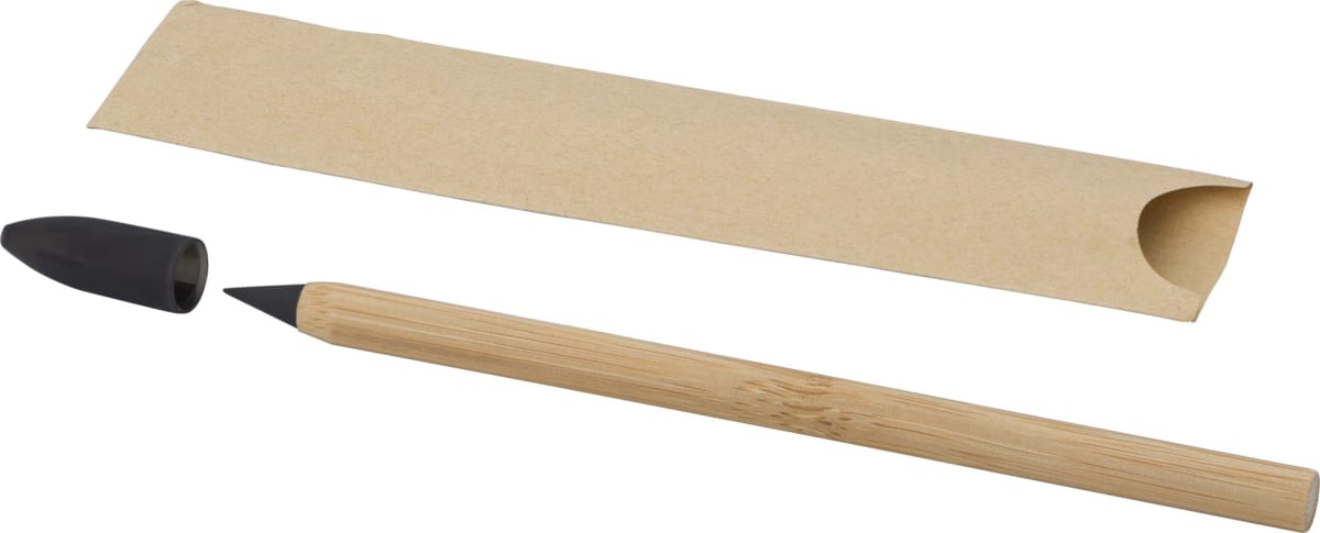 A wooden sketching pencil with a black tip and a removable black cap is placed next to a brown paper sleeve. The sleeve is open on one end, allowing the pencil to slide in for storage.