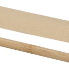 A bamboo pen with a black cap is placed next to a brown cardboard sleeve. The sleeve has an open end for storing the pen. The pen and sleeve display a simple, eco-friendly design.
