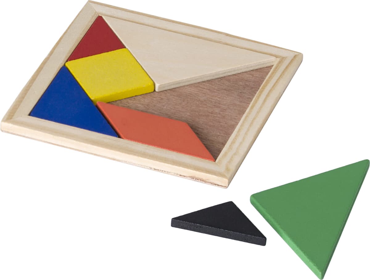 A colorful tangram set with pieces inside and two triangles outside.