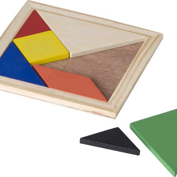 Colorful geometric puzzle pieces on a wooden tray, with two pieces outside.