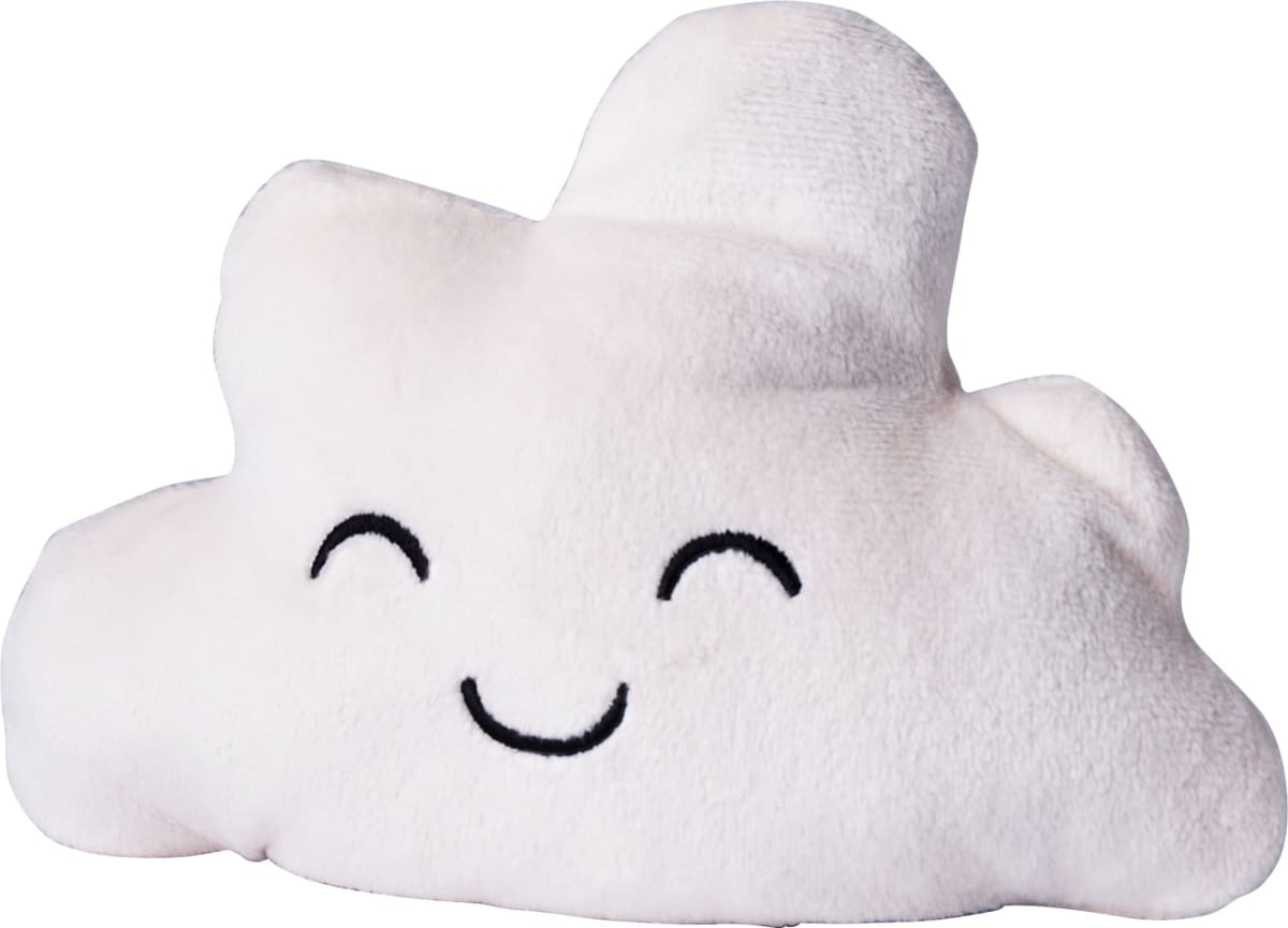 A plush, cloud-shaped pillow with a smiling face design on it. The pillow is soft and has simple, embroidered features including two closed eyes and a curved mouth, giving it a cheerful appearance.