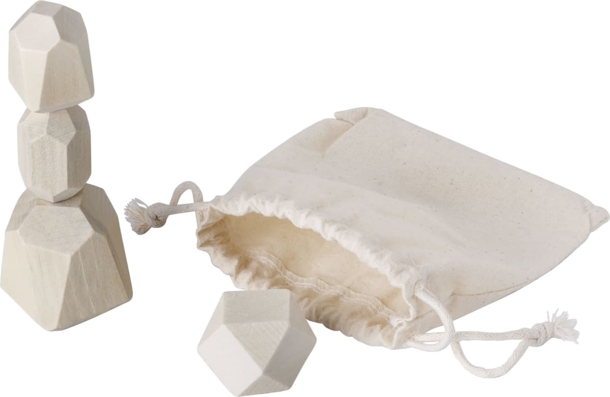 Wooden geometric blocks with a drawstring bag.