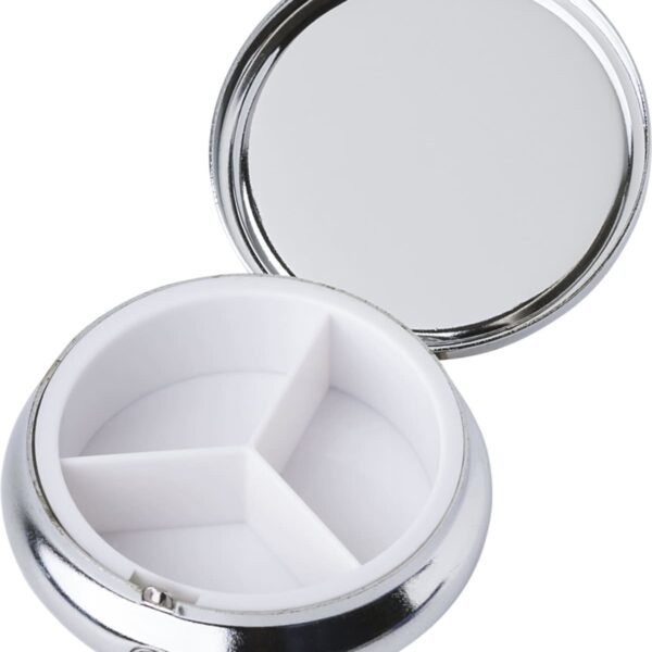 Round silver pillbox with a mirrored lid and three compartments.