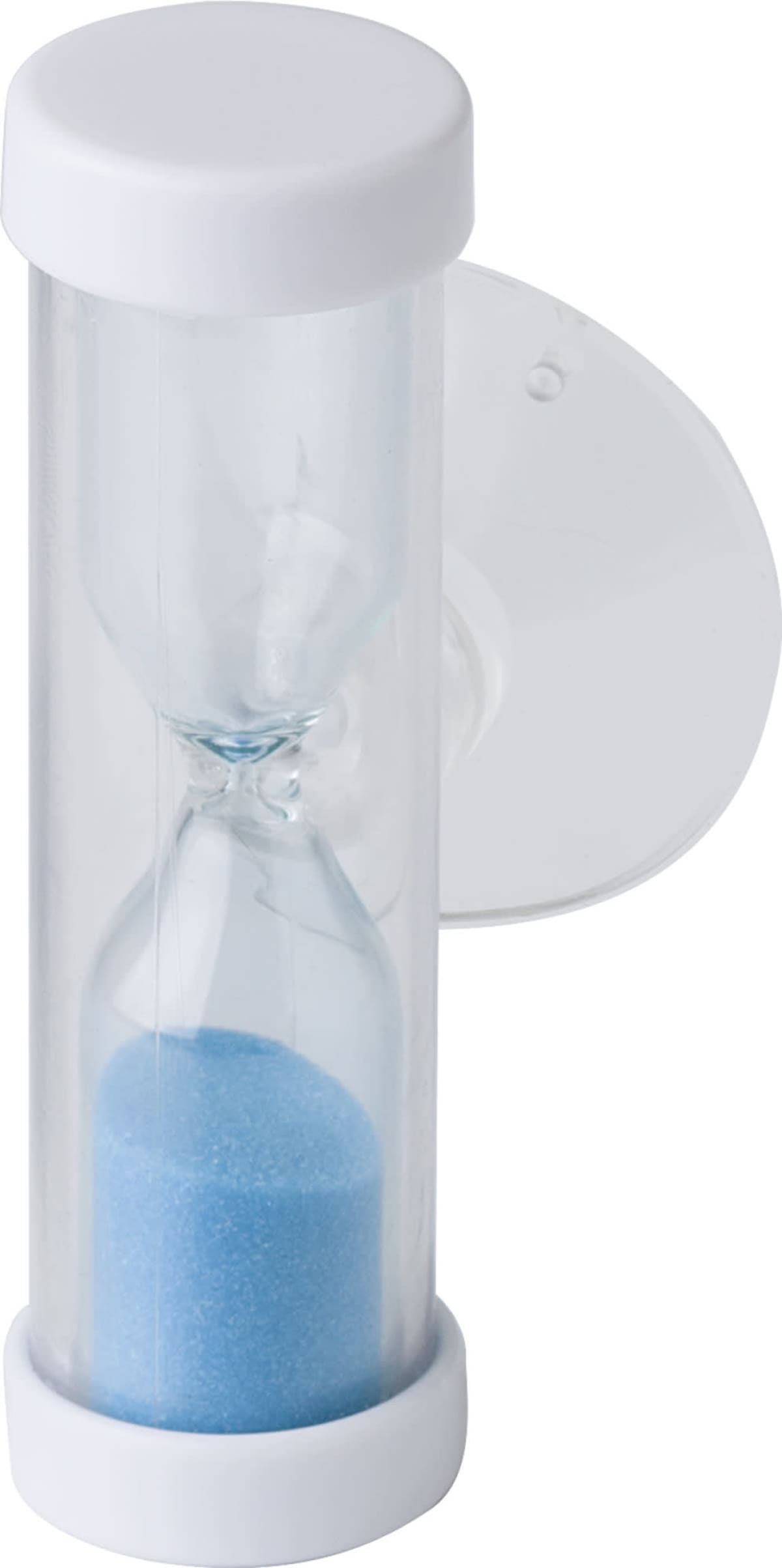 Transparent hourglass with blue sand and white caps, attached to a suction cup.