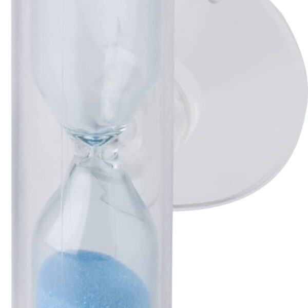 Clear hourglass timer with blue sand and a suction cup on one side.