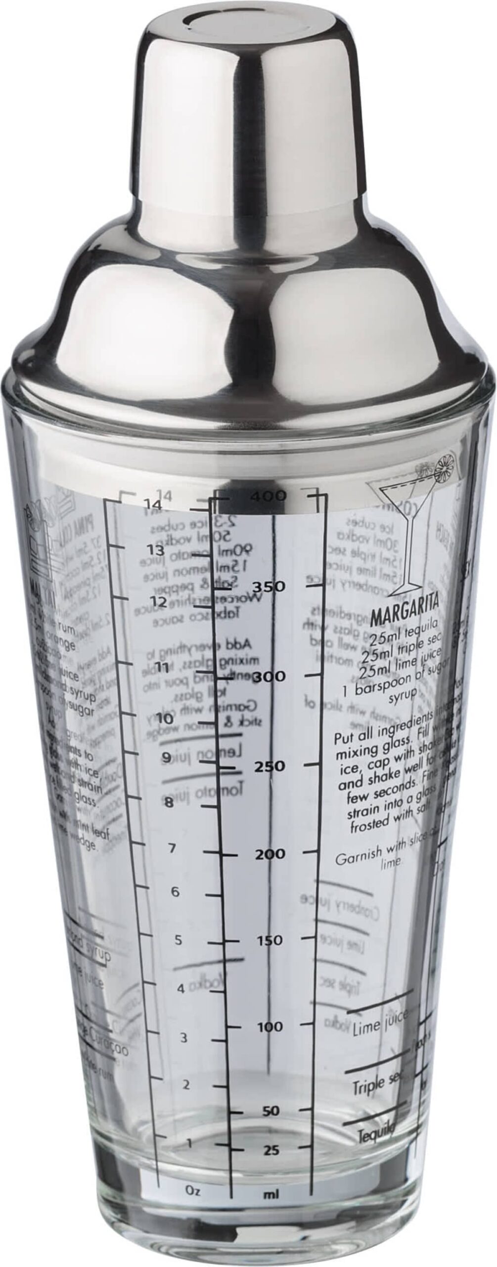 Cocktail shaker with measurement markings and recipe instructions on the glass.