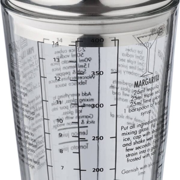 Cocktail shaker with measurement markings and cocktail recipes on the glass.
