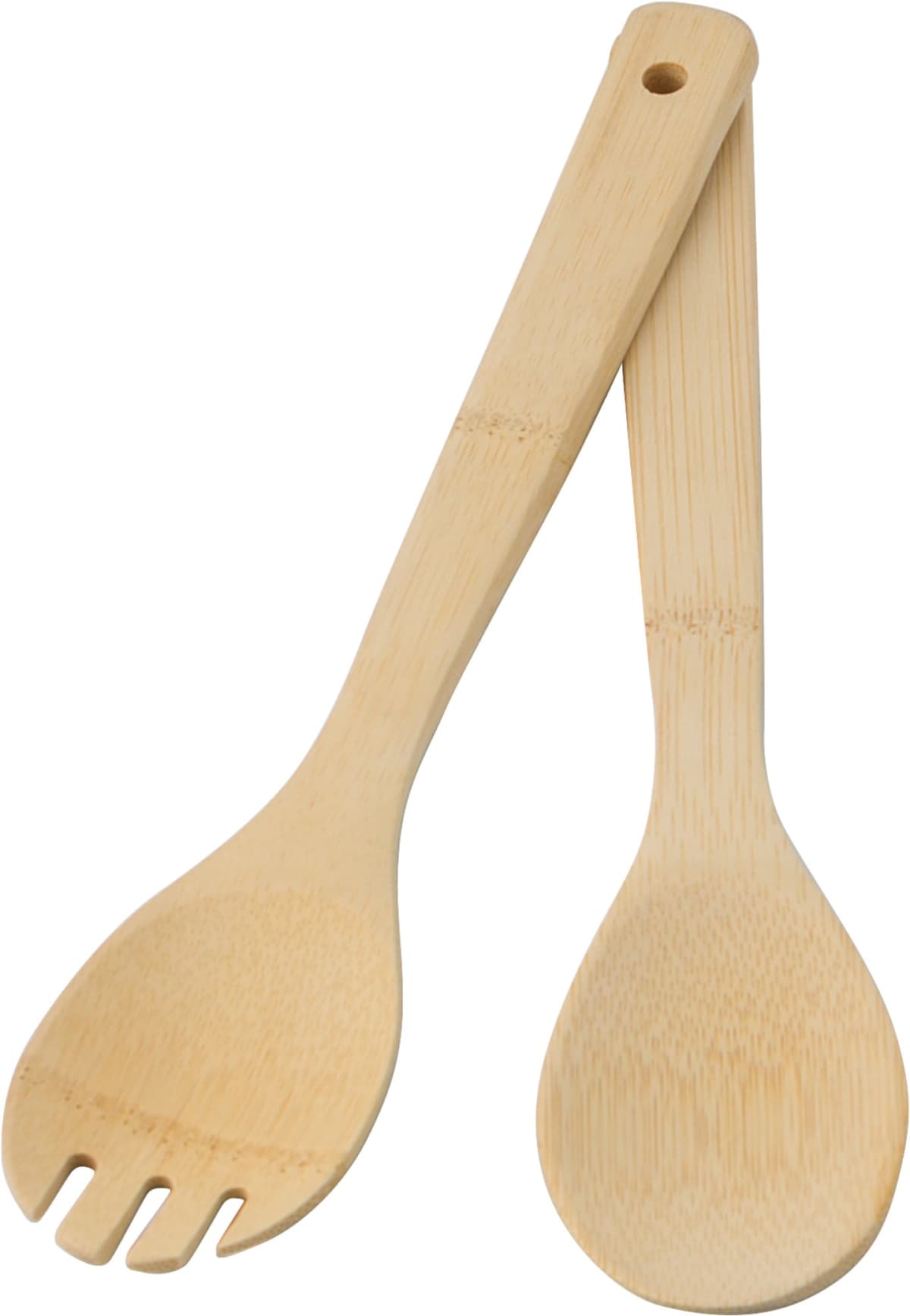 Bamboo spoon and fork with holes in the handles.