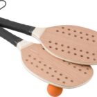 Two wooden paddles with holes and a single orange ball.