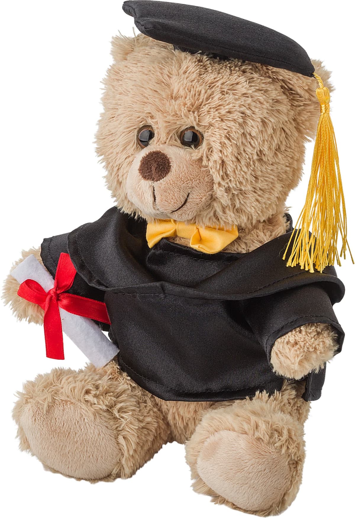 A plush teddy bear wearing a black graduation cap and gown. The bear holds a rolled diploma tied with a red ribbon, and has a yellow tassel on its cap.