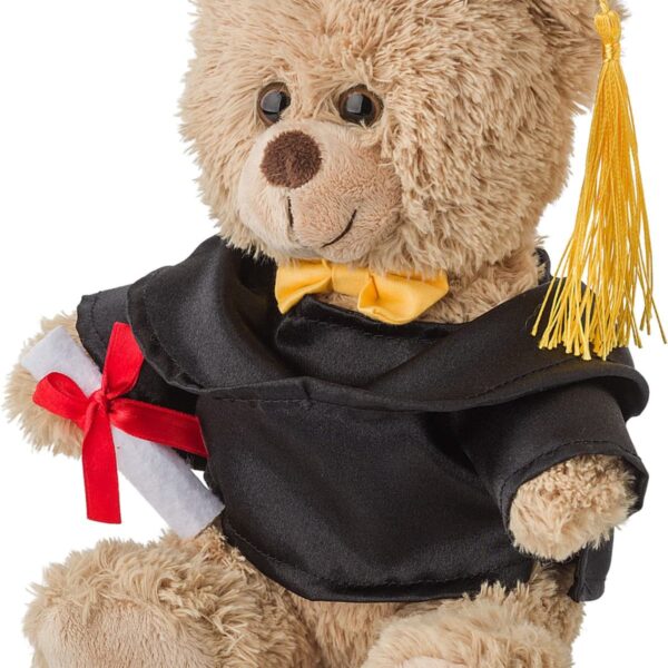 A plush teddy bear wearing a black graduation cap and gown with a yellow bowtie. It holds a diploma tied with a red ribbon in its paw.