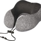 Gray and black travel neck pillow with adjustable drawstring.