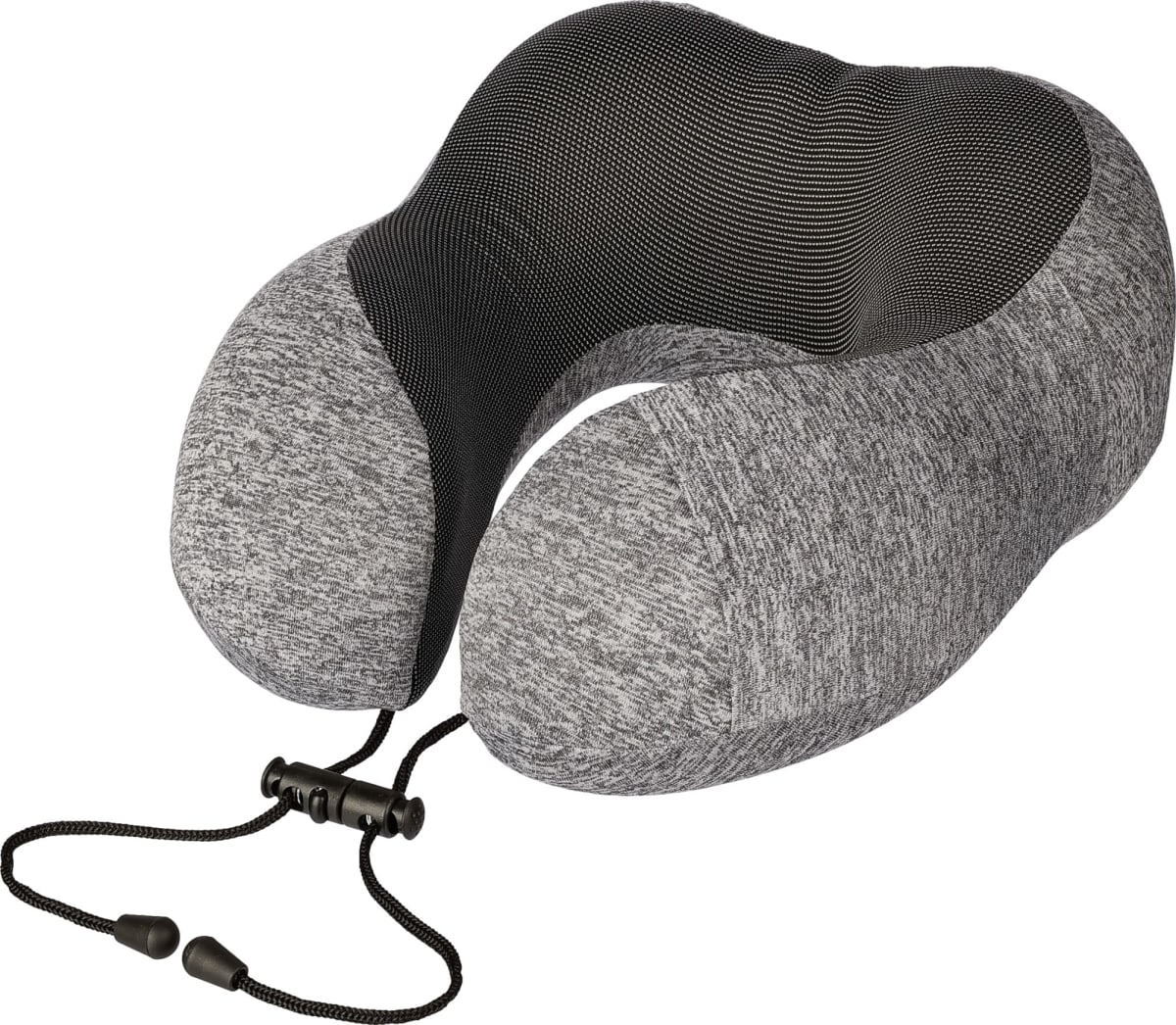 Gray and black travel neck pillow with adjustable drawstring.