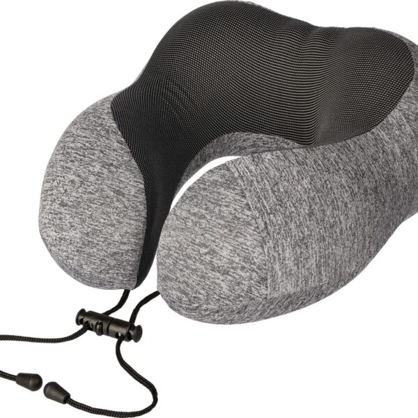 Gray memory foam neck pillow with black mesh, adjustable drawstring, and ergonomic design.
