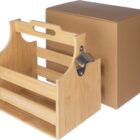 Wooden caddy with a bottle opener, beside a cardboard box.