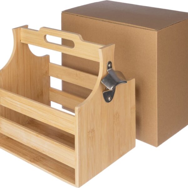 Wooden bottle caddy with handle and attached metal bottle opener, next to a cardboard box.