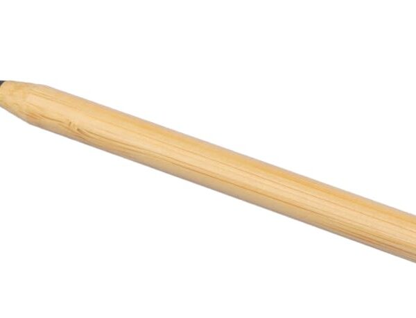 A wooden pencil with green caps on both ends, one cap placed on the side.