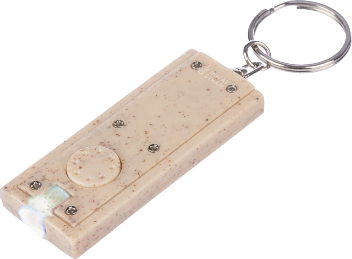 Beige keychain flashlight with metal ring and visible screws.